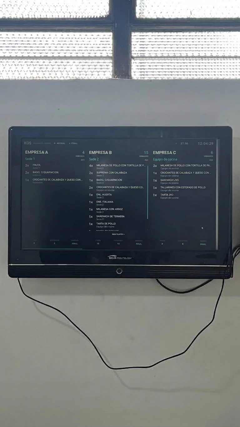 Pantalla KDS de SPA Lunch instalada en Dayfood, con nombres de ejemplo