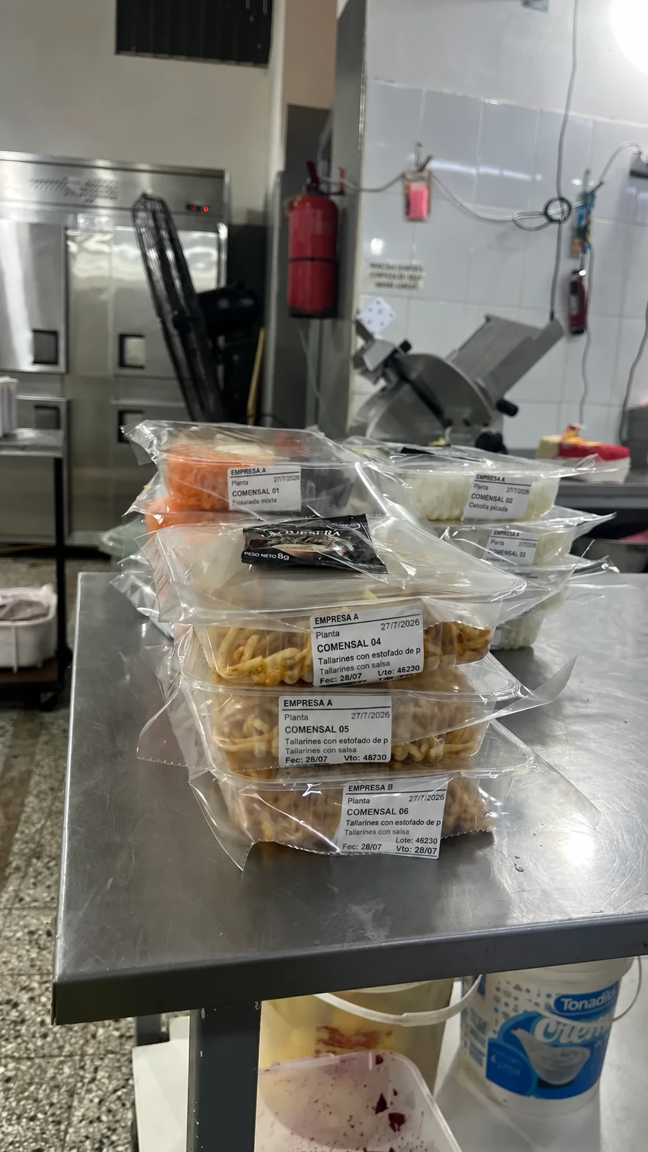 Viandas preparadas y envasadas en Dayfood, con datos de ejemplo en las etiquetas