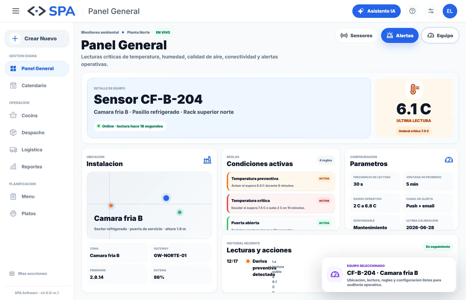 Detalle de sensor conectado con estado y reglas ambientales