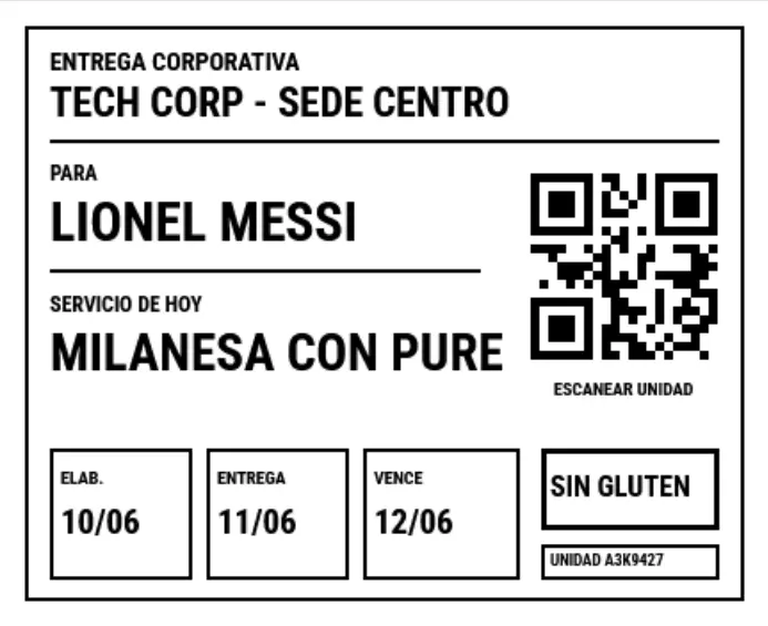 Etiqueta de vianda para Lionel Messi con plato, fechas, restricción alimentaria y código QR