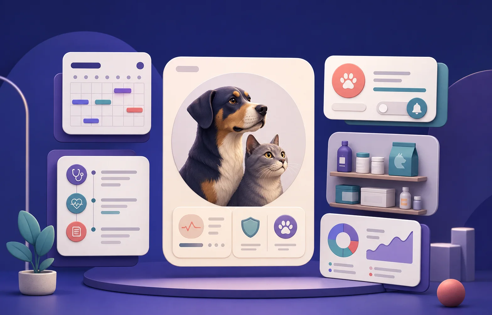 Ilustración conceptual de SPA Vet para gestión clínica y administrativa veterinaria