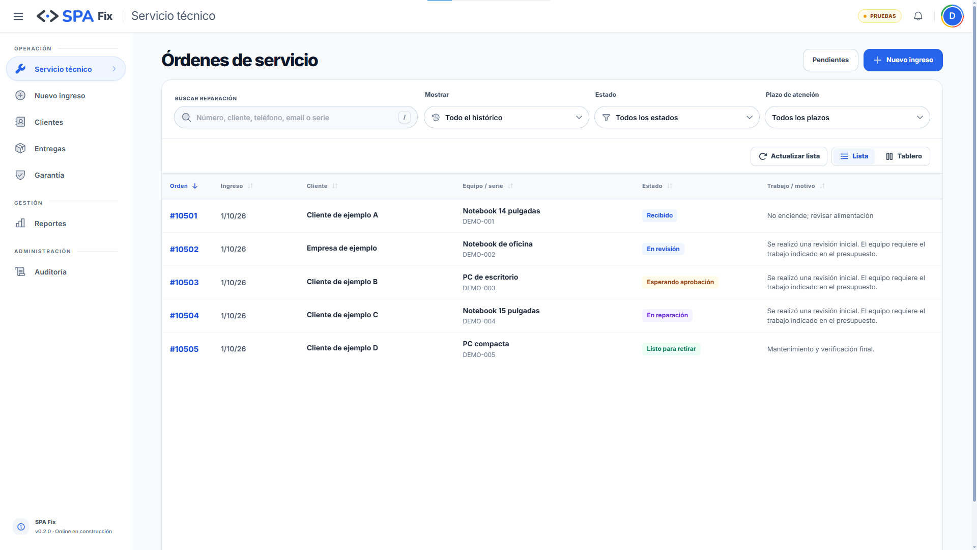 SPA Fix: lista de órdenes con cliente, equipo, serie y estado; datos de ejemplo