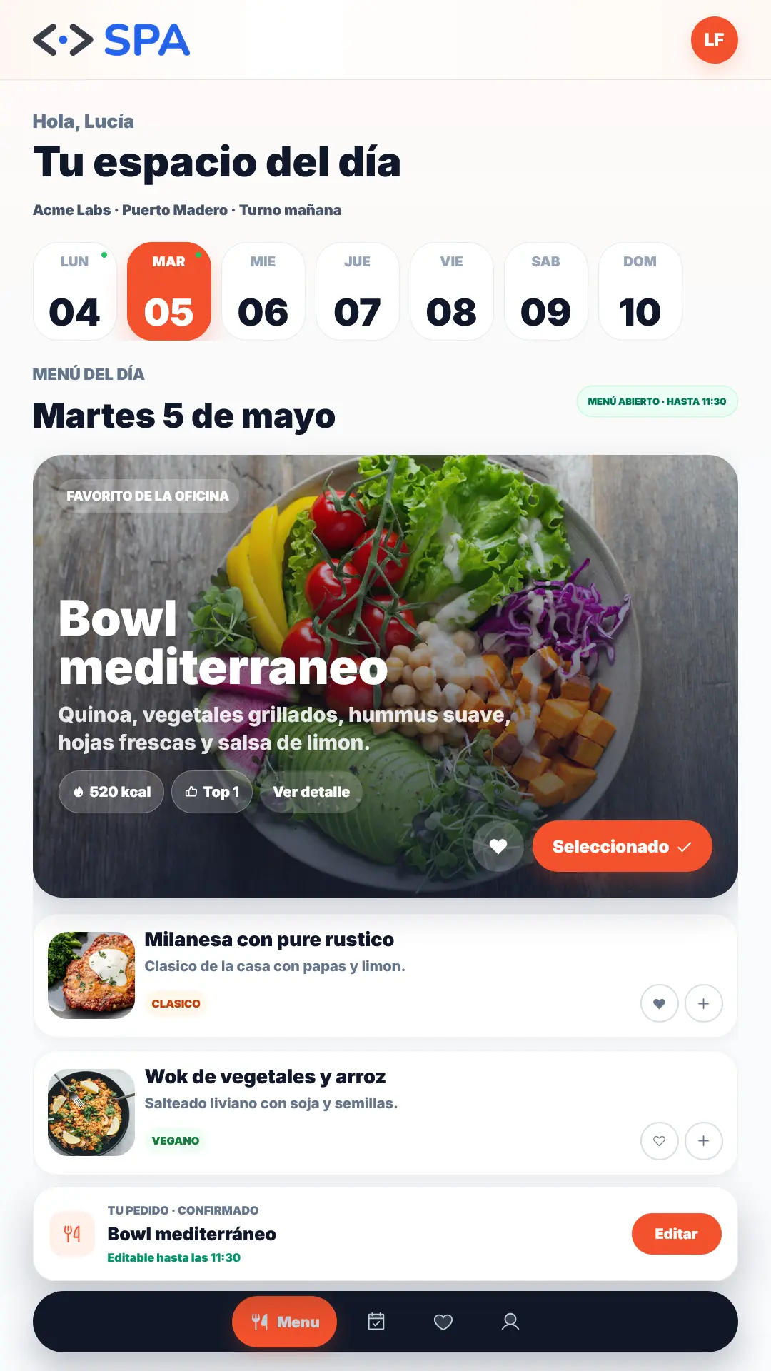 Portal mobile del comensal de SPA Lunch