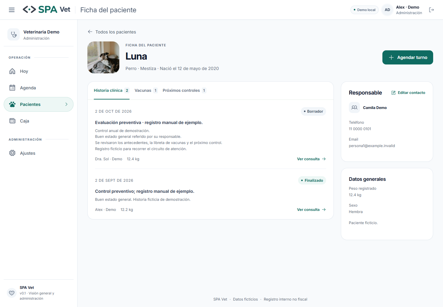 Ficha de paciente en SPA Vet con responsable, historia clínica, vacunas y controles; datos ficticios