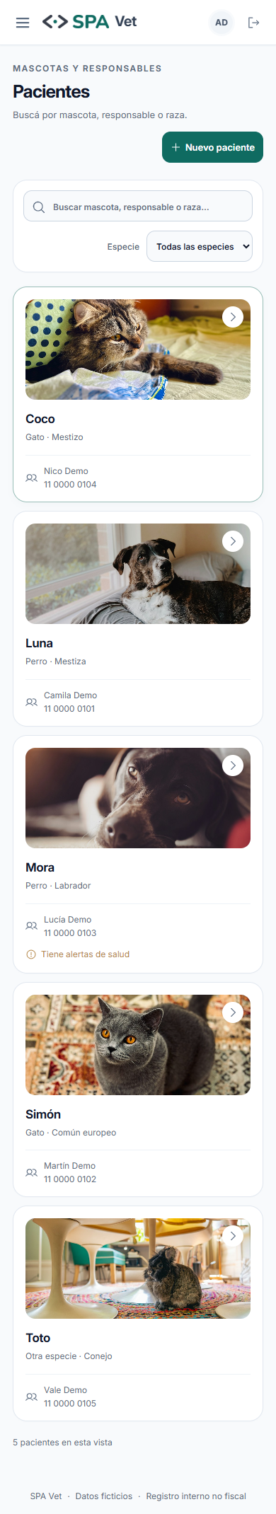 Lista de pacientes de SPA Vet en móvil con responsables y fotografías de ejemplo; datos ficticios